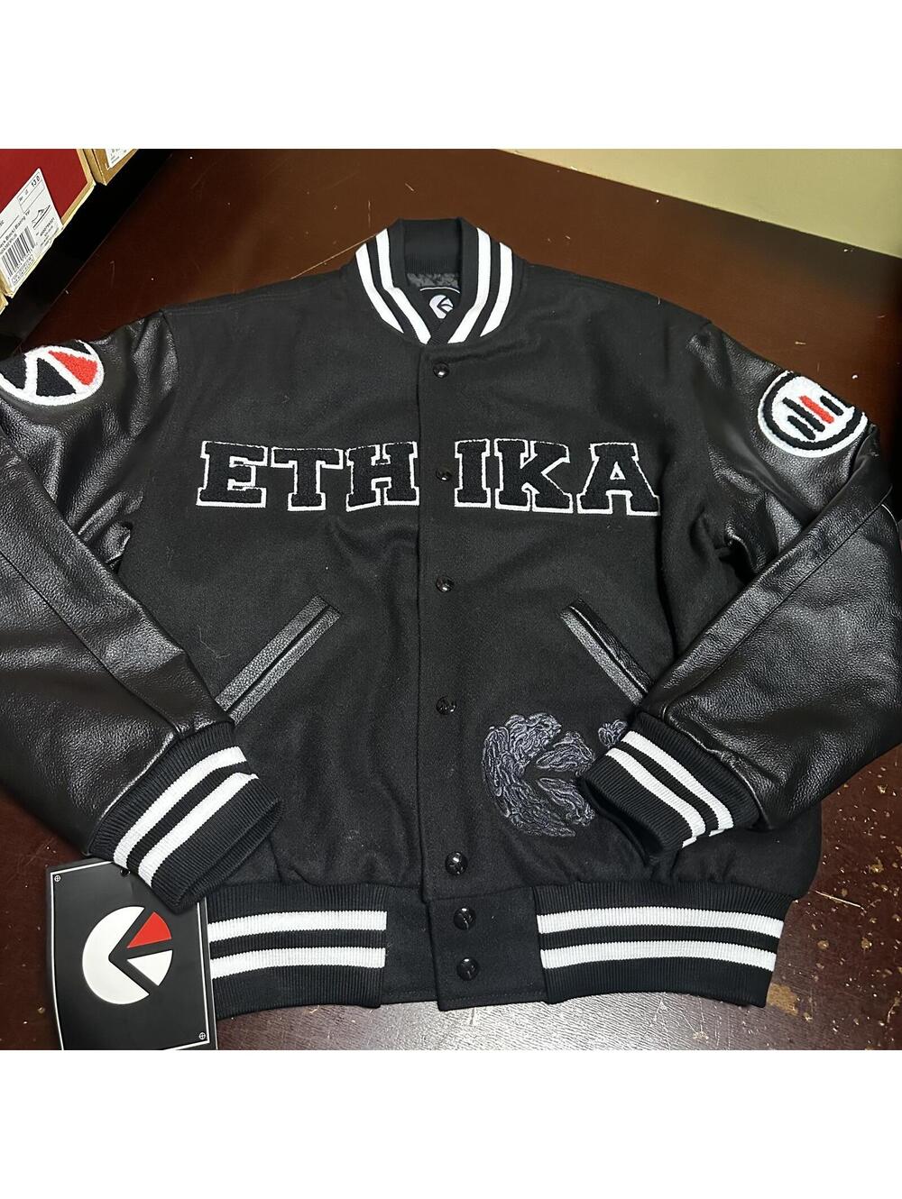 ETHIKA FAMILIE 01 VARSITY JACKET WOOL/LEATHER MEN’S JACKET  SIZE MEDIUM